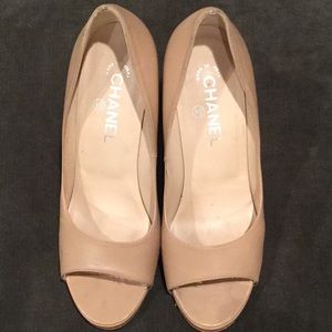 Chanel perp toe pump with embellished cork heel